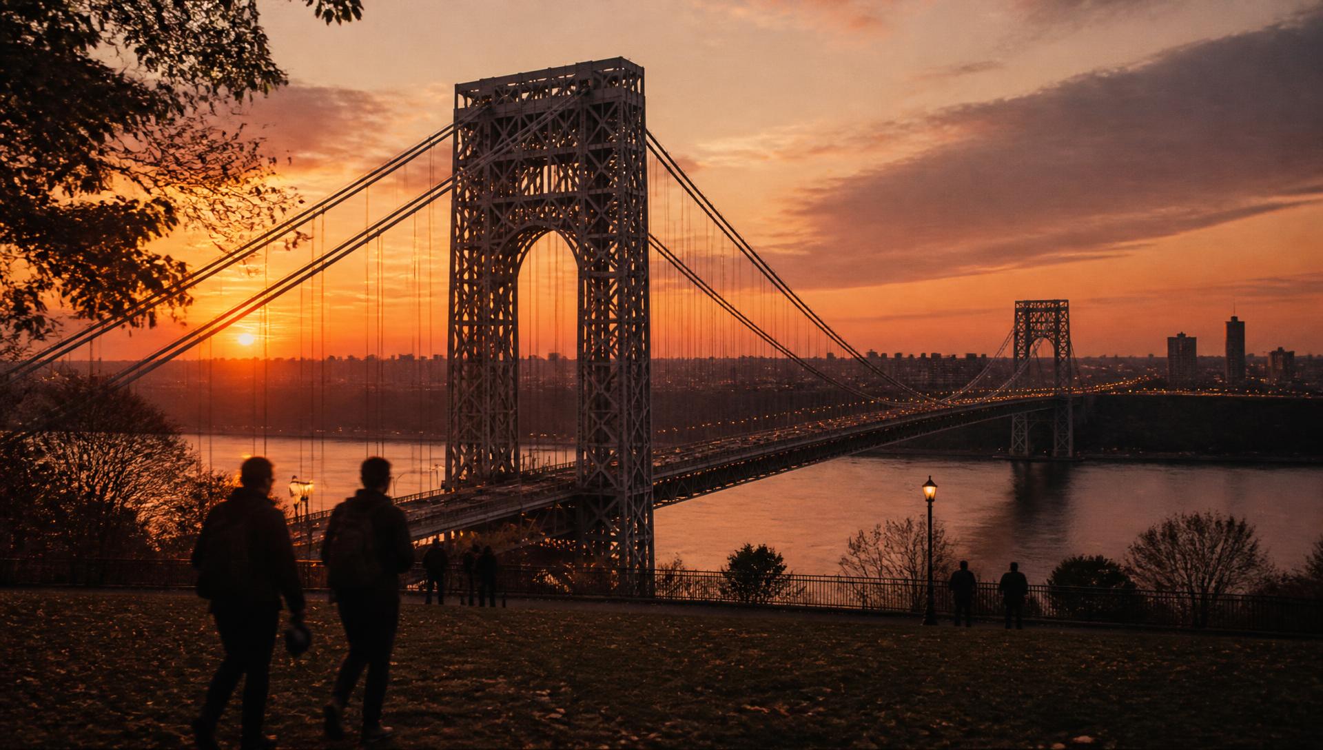 The George Washington Bridge at sunset seen from Washington Heights