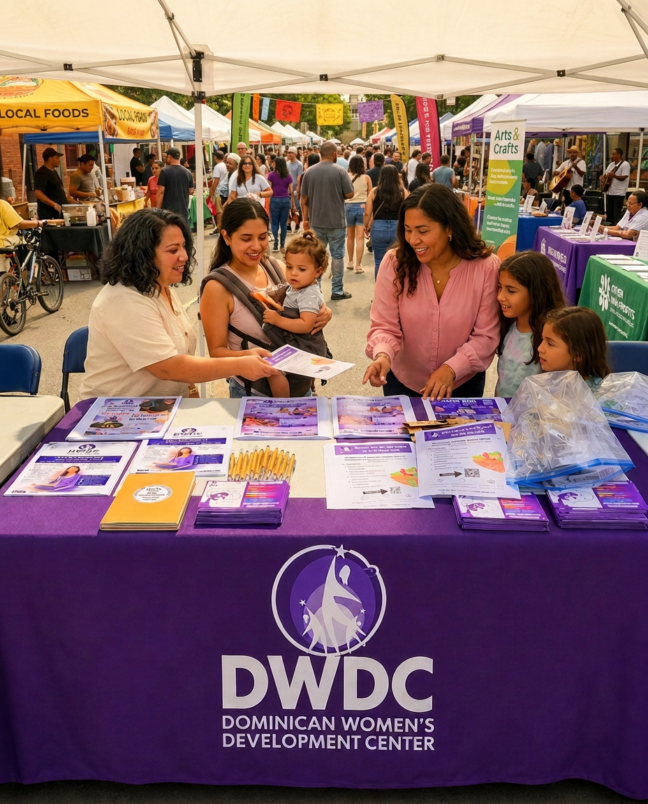 DWDC staff giving information at a street fair table as mothers with young children gather around