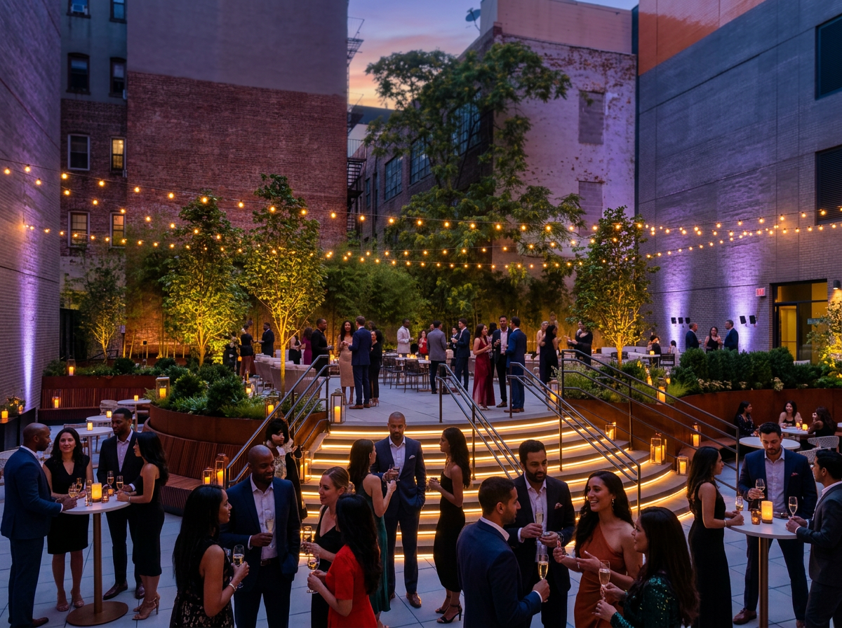 A diverse crowd of guests of many ethnic backgrounds mingling at a candlelit evening cocktail reception in an open-air courtyard, lit by warm string lights and lavender uplighting